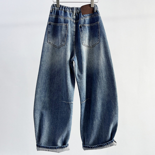 牛道途2025秋季新款蓝色牛仔女香蕉裤松紧腰弯刀裤宽松大版镰刀裤