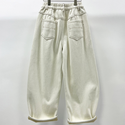 冬加绒牛仔女米白牛仔宽松弯刀裤