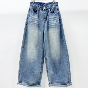老爹裤 牛道途2026春季 宽松牛仔女松垮大版 浅蓝阔腿筒裤 休闲潮 新款