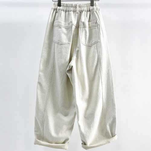 米白松紧腰牛仔女大码老爹裤宽松