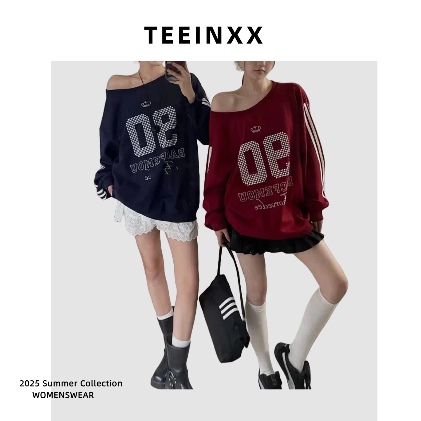 TEEINXX夏季宽松斜肩卫衣蕾丝刺绣女宽松上衣美式字母长袖上衣女