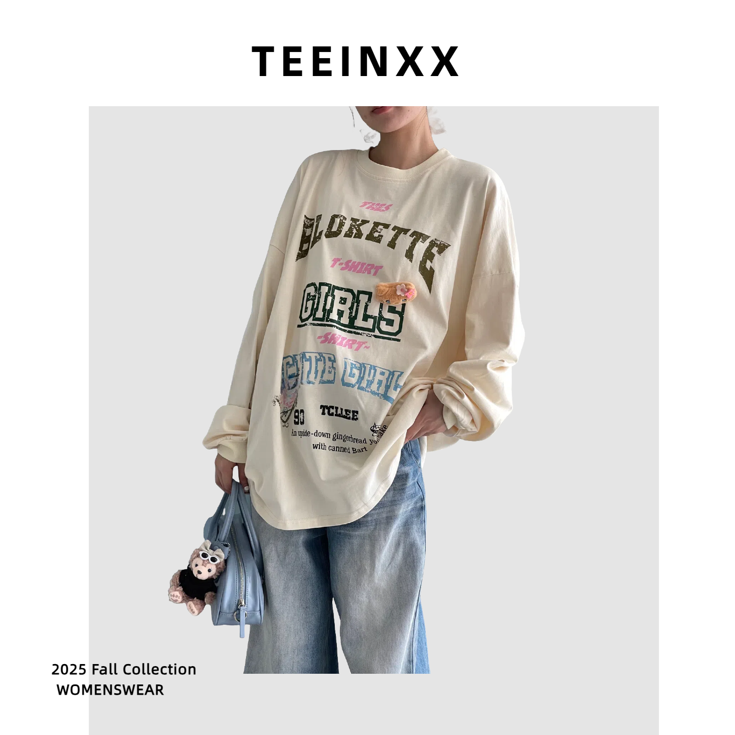 TEEINXX趣味Kitty猫印花长袖T恤女薄款减龄慵懒防晒休闲罩衫上衣