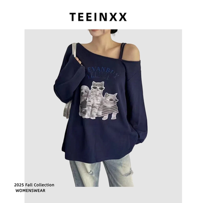 复古印花斜角肩宽松休闲短袖T恤