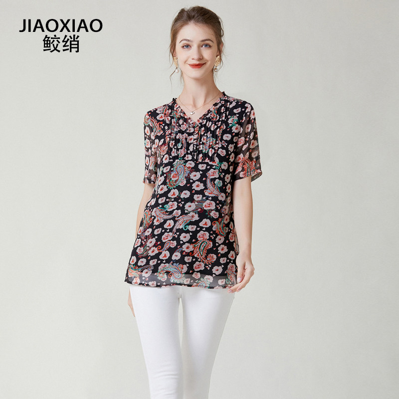 鲛绡2022夏季新品大码女装印花雪纺衫宽松加大时尚百搭上衣