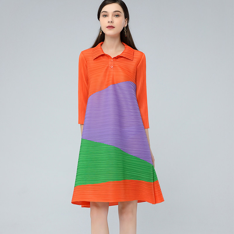 褶皱设计感连衣裙女今年流行衬衫领拼接撞色宽松大码a字长款裙子