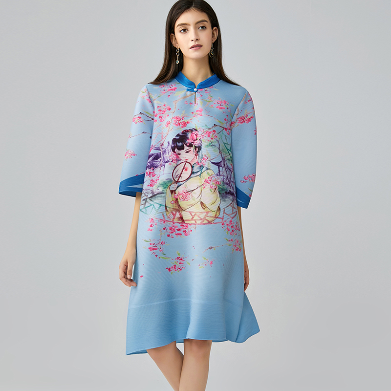 复古民族风宽松立领妈妈旗袍裙夏