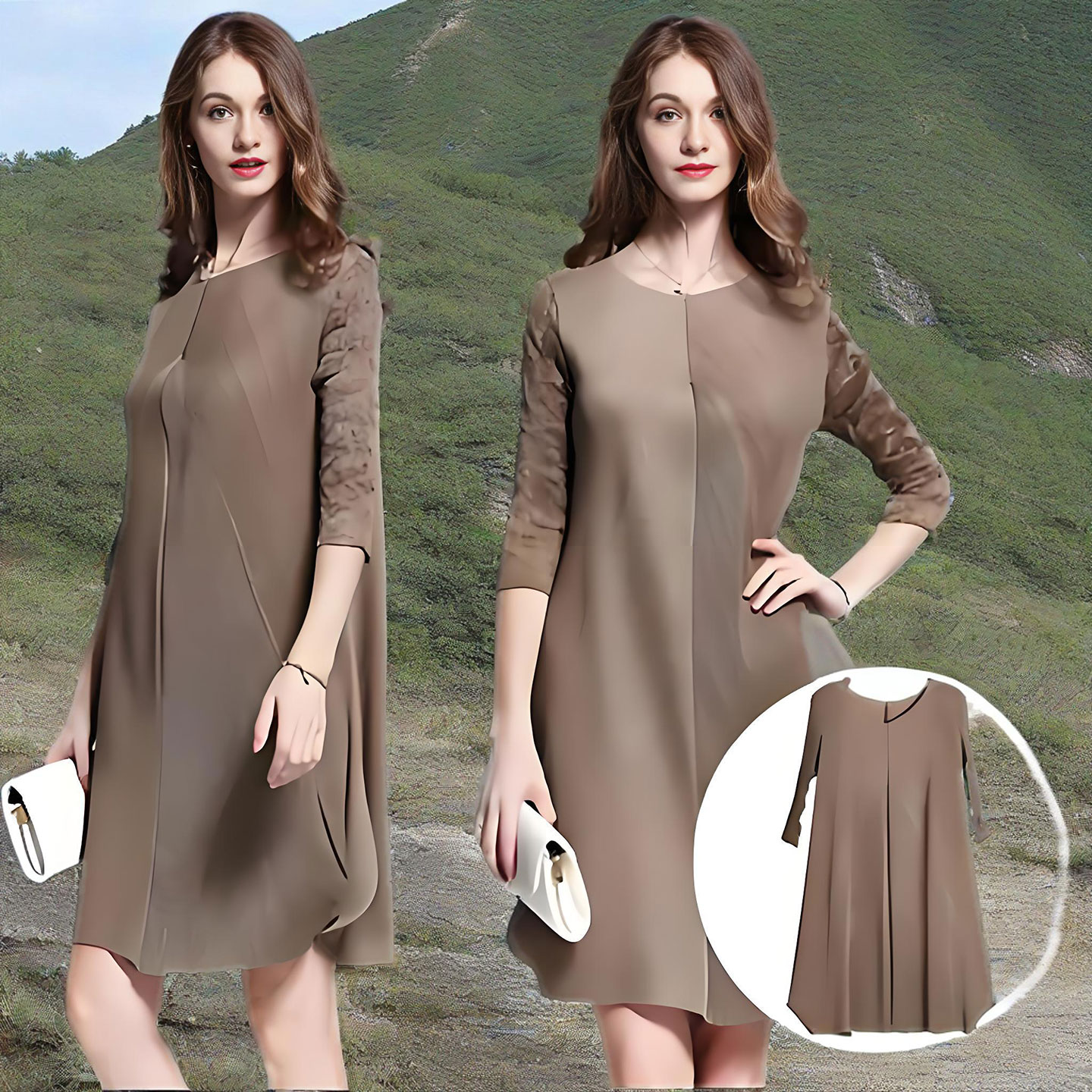 简约气质网纱袖宽松连衣裙a字裙