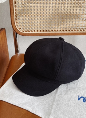 鸭舌帽女黑色八角帽羊毛呢百搭