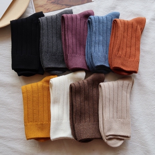 舒适简约春秋彩色百搭ins潮堆堆中筒袜 日系原宿粗线条纹棉袜子女