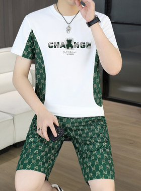 欧式男士短袖套装夏季透气圆领t恤青年时尚潮流上衣搭配短裤一套
