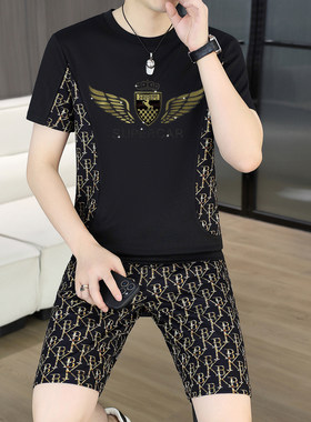 男士时尚套装夏季新款圆领短袖t恤青年欧版潮流上衣搭配短裤一套