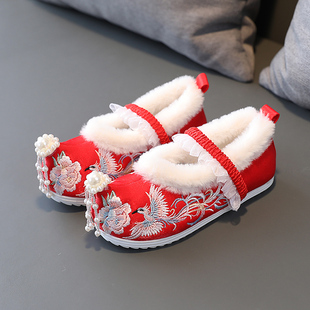冬季新款加绒儿童汉服鞋子女童翘头绣花鞋宝宝唐装古风古装鞋棉鞋