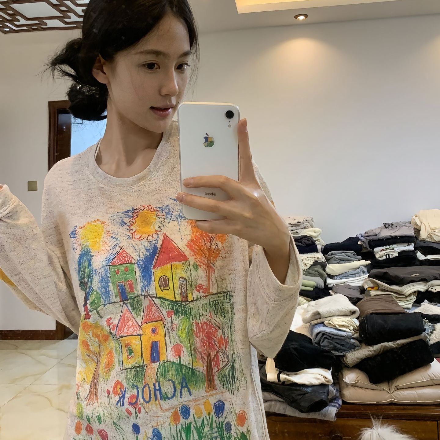 美式高街涂鸦印花t恤女2025新款显瘦遮肉夏日精致设计感长袖上衣