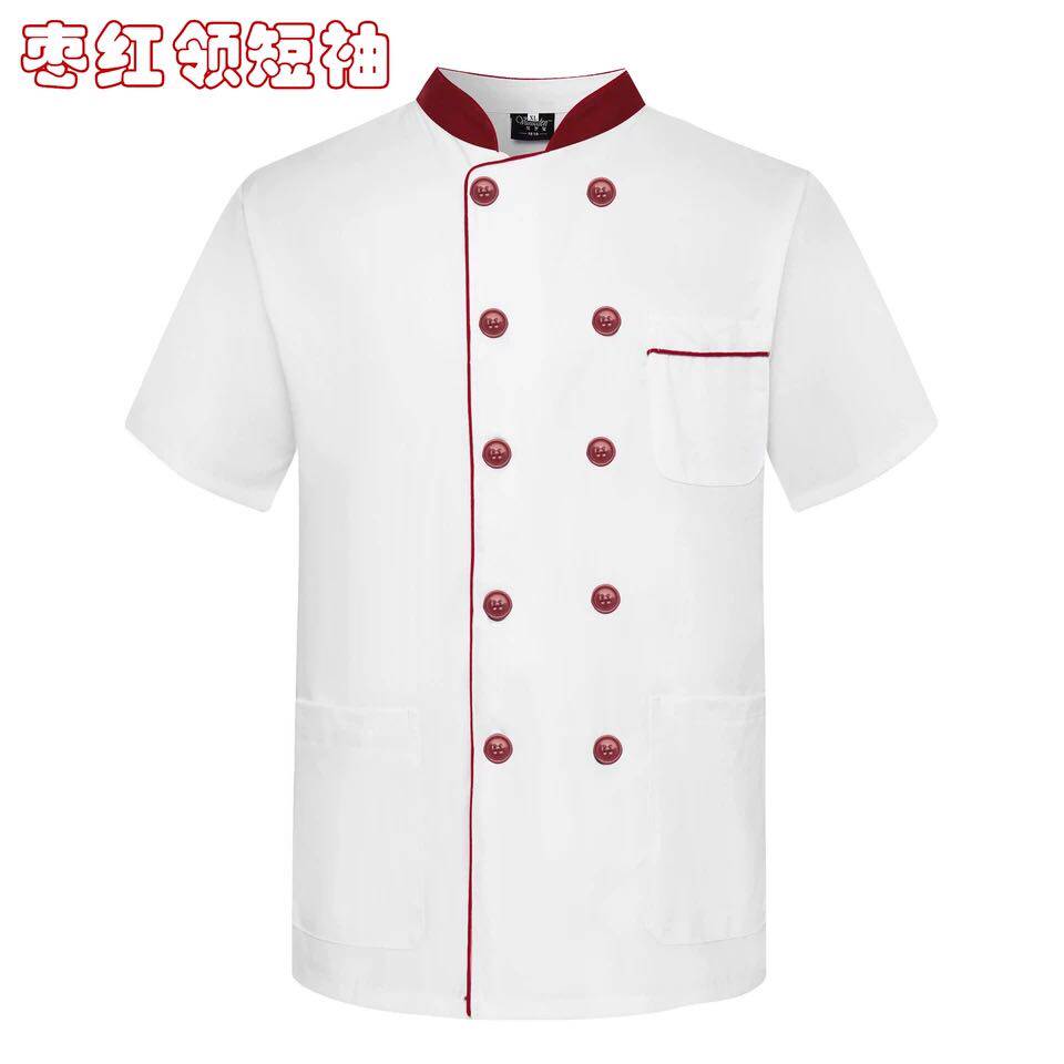 夏季透气厨房厨师服黑白色中袖短袖学校幼儿园食堂人员厨师工作服