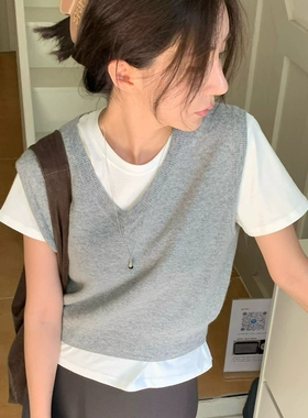 高级感灰色V领羊绒针织马甲背心女春秋叠穿毛衣坎肩短款无袖上衣