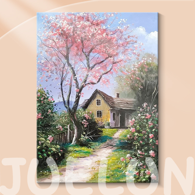 田园风景新中式手绘油画乡村玄关装饰画治愈系入户玄关客厅挂画