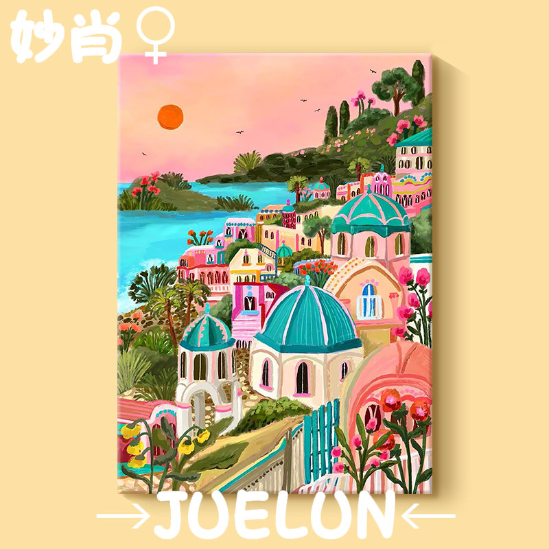 地中海风情纯手绘油画多巴胺彩色小镇客厅装饰画浪漫海景餐厅挂画