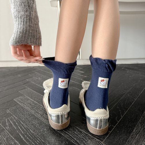 深蓝袜子女秋冬可爱卡通小猫波点蝴蝶结时尚泡泡袜口中筒袜新款