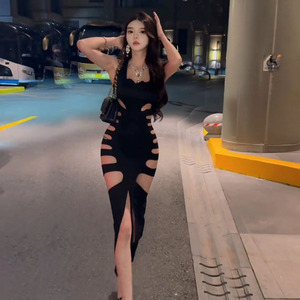 夜店性感辣妹镂空高腰开叉长款连衣裙女修身显瘦内搭打底衫上衣女