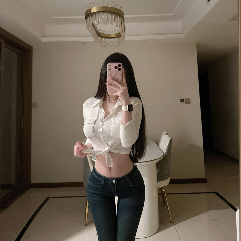 写真拍照百搭性感绑带收腰衬衫女短款辣妹风显瘦白色衬衣上衣女装