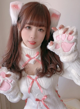 可爱ins猫爪手套女冬季韩版骑车学生防寒加厚加绒保暖露半指手套