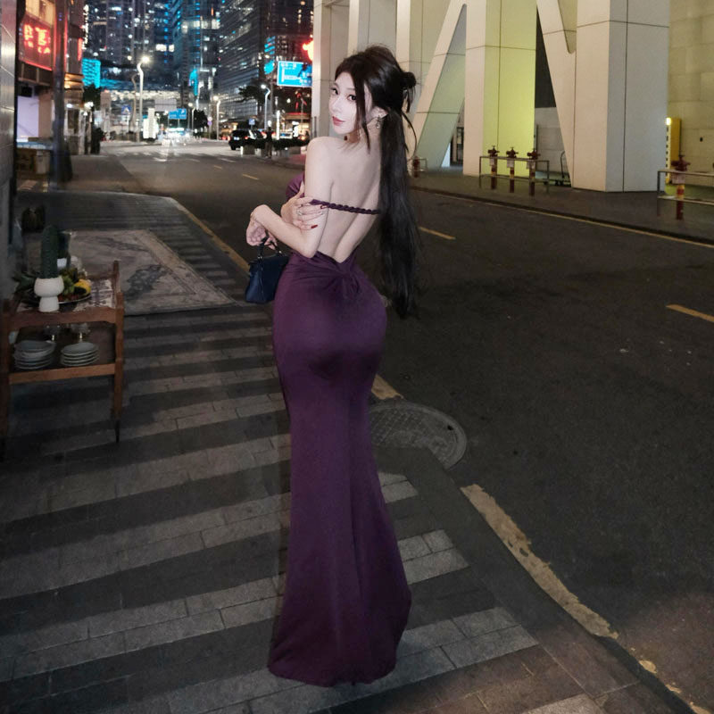紫色辣妹穿搭女性感露肩一字露背拖地连衣裙生日礼服裙收腰包臀裙