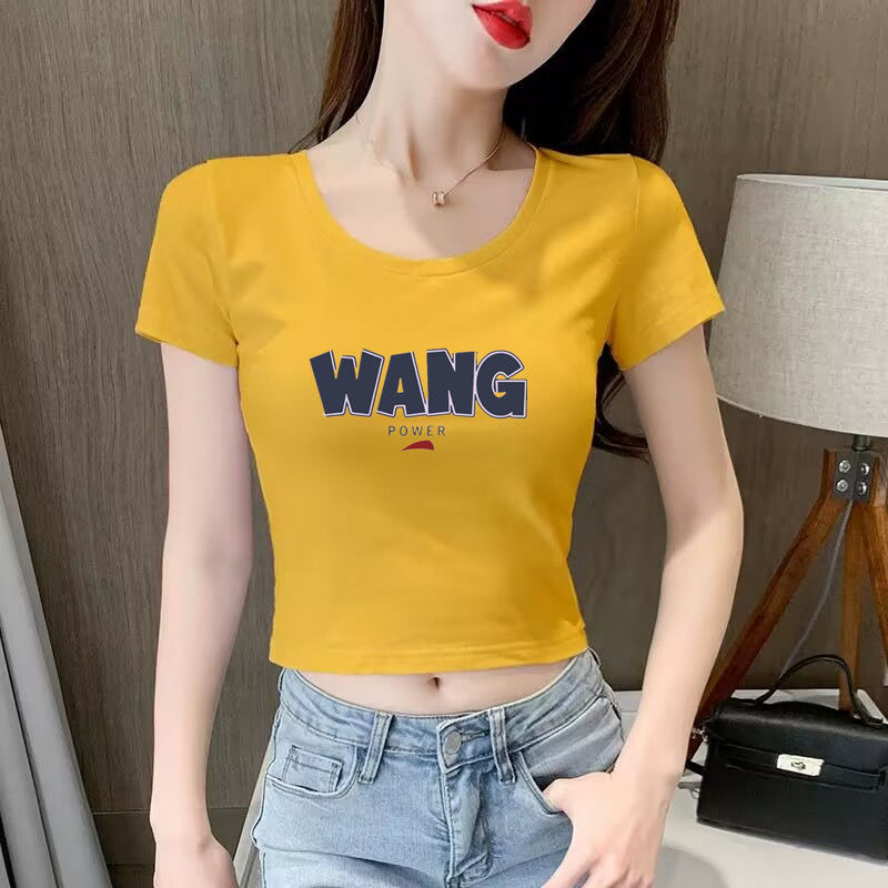 紧身短款低领t恤女短袖夏季新款高腰修身显瘦辣妹露脐半袖衫上衣