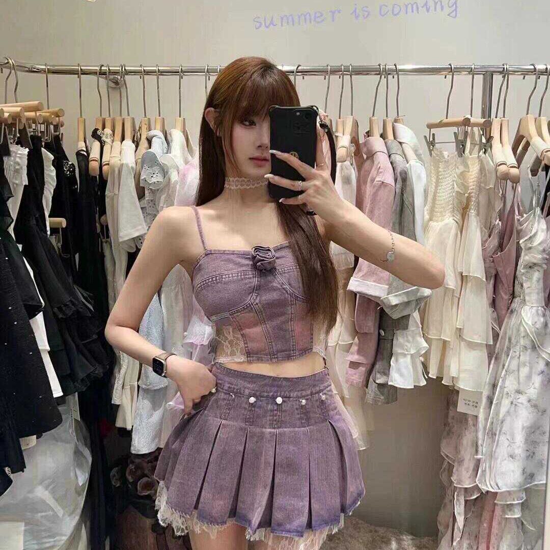 夏季美式辣妹穿搭复古高级感纯欲紫色抹胸吊带上衣半身裙牛仔套装