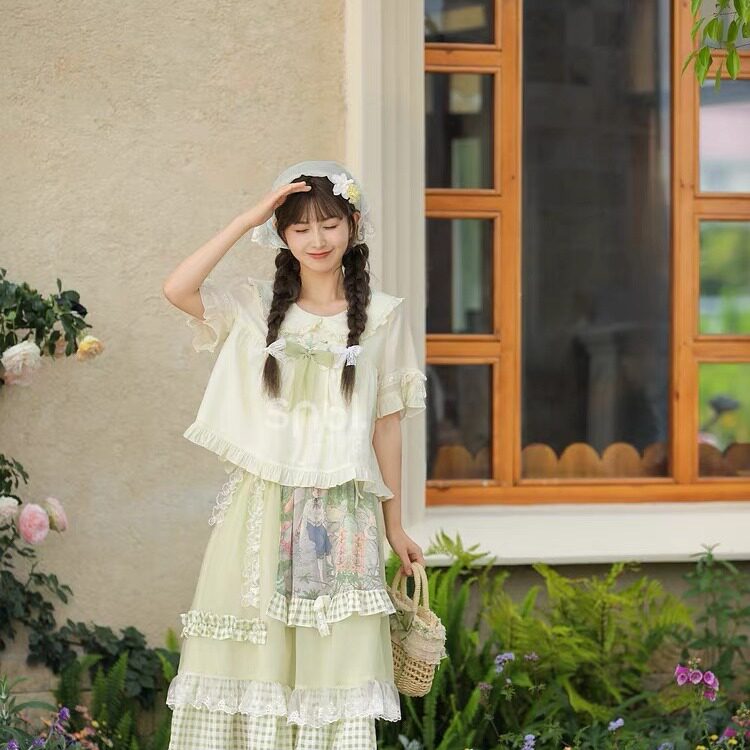 田园风少女穿搭衬衫女夏季蕾丝拼接绿色森系高腰半身裙二件套装
