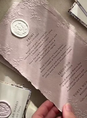 定制高级感手工毛边纸婚礼菜单邀请函商务年会小众高端感谢卡印刷