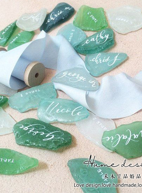 ins风手写定制英文书法海滩婚礼海玻璃名牌席位卡座位牌摄影道具