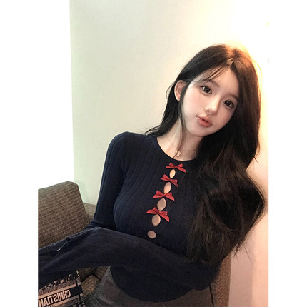 MISS CHANGE【忍不住偷瞄】早秋设计感蝴蝶结镂空针织衫收腰上衣