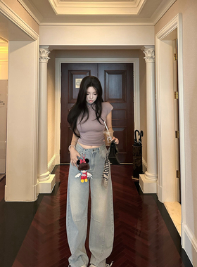 【蓝屿漫迹】MISS CHANGE/高腰宽松显瘦直筒牛仔裤阔腿裤