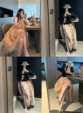 【月光鸣奏曲】MISS CHANGE/定染肉桂粉温柔显瘦遮胯网纱蛋糕长裙