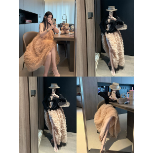 CHANGE MISS 定染肉桂粉温柔显瘦遮胯网纱蛋糕长裙 月光鸣奏曲