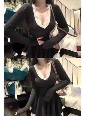 MISS CHANGE【芭蕾千金】慕斯羊绒蕾丝桃心领纯欲性感长袖T恤上衣