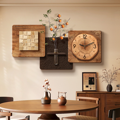 立体砂岩中古风餐厅装饰画2025新款带钟表餐桌客厅挂画墙面高级感