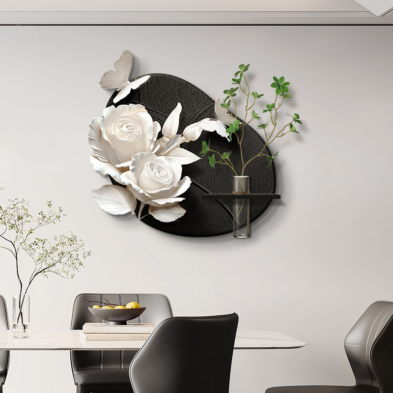 黑白花卉餐厅装饰画2025新款客厅挂画简约高级感立体餐桌墙面壁画图片