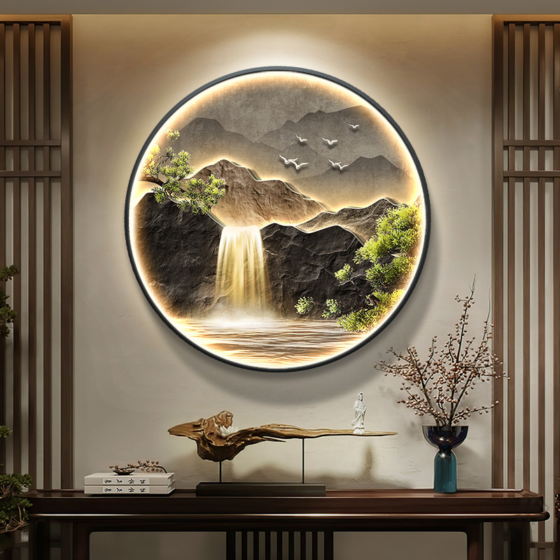 流水生财玄关装饰画高级感灯画大气山水画客厅挂画新中式圆形壁画
