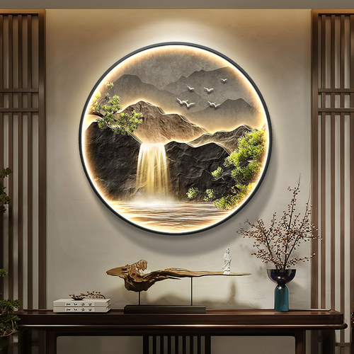 流水生财玄关装饰画 画高级感灯画 画大气山水画 画客厅挂画 画新