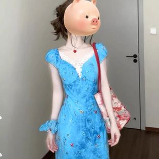 卡普里蓝法式 海边度假风设计感小众修身 蕾丝拼接短袖 连衣裙女夏季