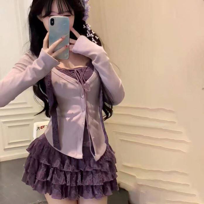 甜辣妹紫色假两件绑带长袖T恤上衣女搭配高腰蛋糕半身裙两件套装