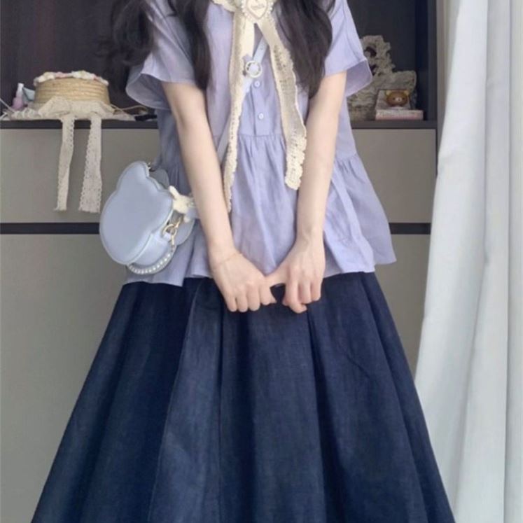 韩系学院风复古紫色宽松短袖衬衫上衣女学生搭高腰半身裙夏季套装