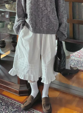 韩系高腰荷叶边休闲裤女宽松木耳花边白色七分裤2026年春夏季新款