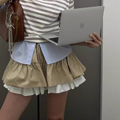 韩国东大门新款 子 INS压褶抽绳撞色拼接百搭半身裙女防走光短裙裤