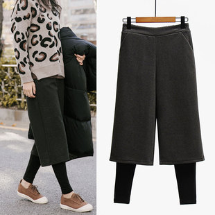 假两件毛呢阔腿裤女2023秋冬新款宽松直筒休闲裤子加绒打底裤外穿