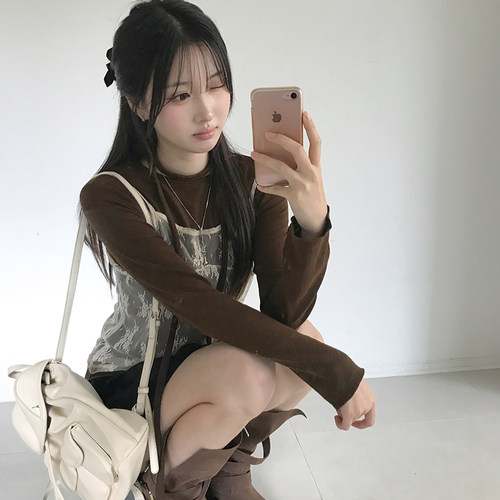 韩系叠穿蕾丝吊带长袖T恤两件套