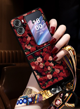 适用oppofindn2flip手机壳新款玫瑰花findn3flip保护套中国风Find N2 Flip小折叠屏高级感女挂绳指环网红色潮