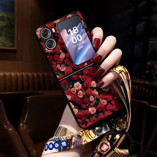 适用oppofindn2flip手机壳新款玫瑰花findn3flip保护套中国风Find N2 Flip小折叠屏高级感女挂绳指环网红色潮