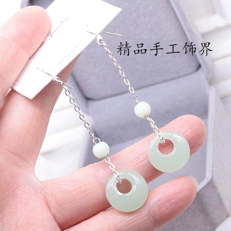 纯银耳环长款东陵玉耳环偏心扣女